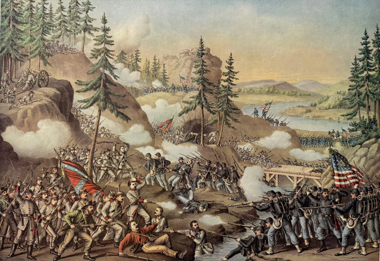 Civil War chromolithograph depicting the Battle of Chattanooga with Union forces advancing across open fields under artillery fire and Confederate lines positioned on elevated ground.