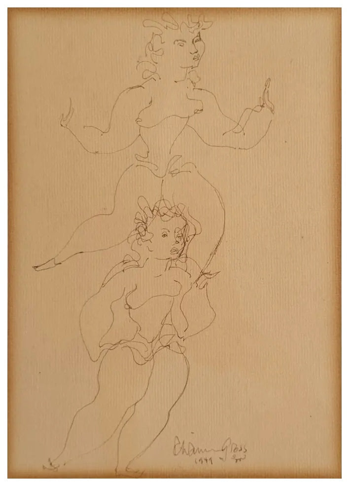 Chaim Gross - Acrobatic Study with Two Figures (1949) - Pen and Ink - 1949 - VLAF Collection