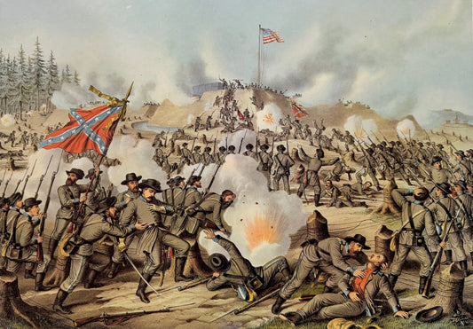 Civil War chromolithograph showing the Confederate assault on Fort Sanders with soldiers attacking fortified Union trenches amid explosions and defensive barricades.