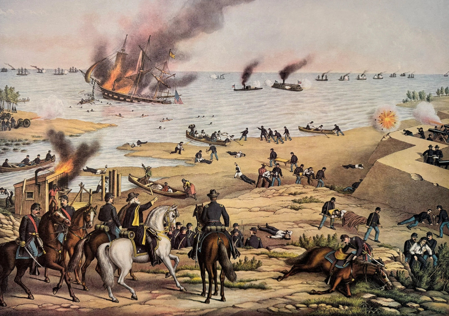 Naval Civil War chromolithograph depicting the ironclads USS Monitor and CSS Merrimac exchanging fire in coastal waters with burning ships and smoke rising over the sea.