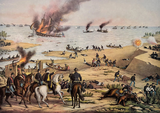 Naval Civil War chromolithograph depicting the ironclads USS Monitor and CSS Merrimac exchanging fire in coastal waters with burning ships and smoke rising over the sea.