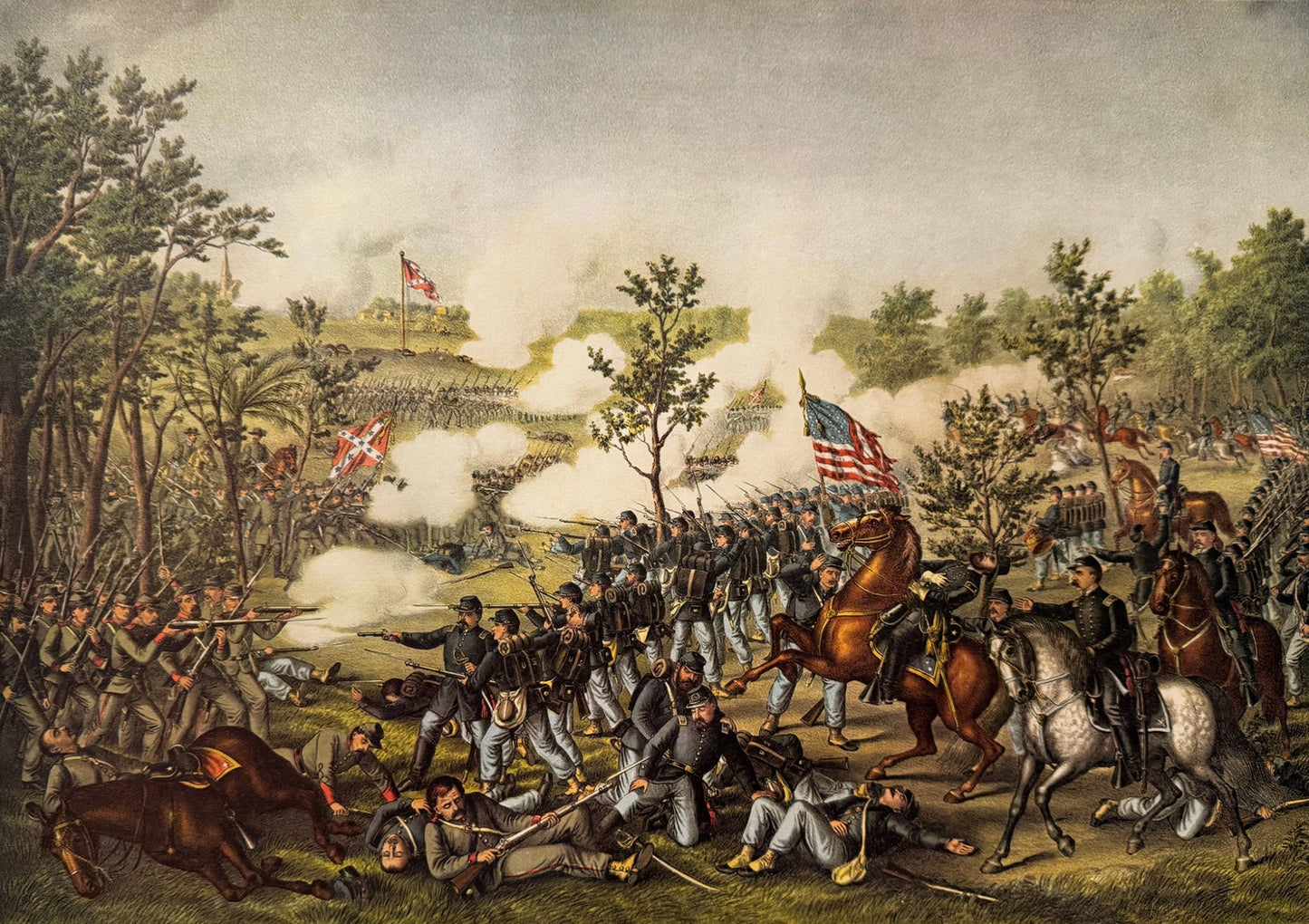 Kurz & Allison print of the Battle of Atlanta featuring intense infantry engagement, cavalry movement, and battlefield chaos across rolling terrain with American flags visible.
