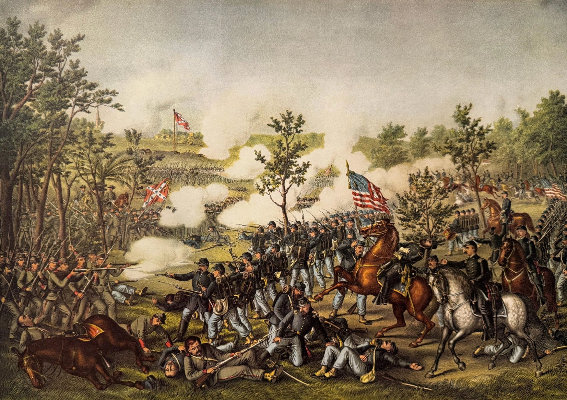 Kurz & Allison print of the Battle of Atlanta featuring intense infantry engagement, cavalry movement, and battlefield chaos across rolling terrain with American flags visible.