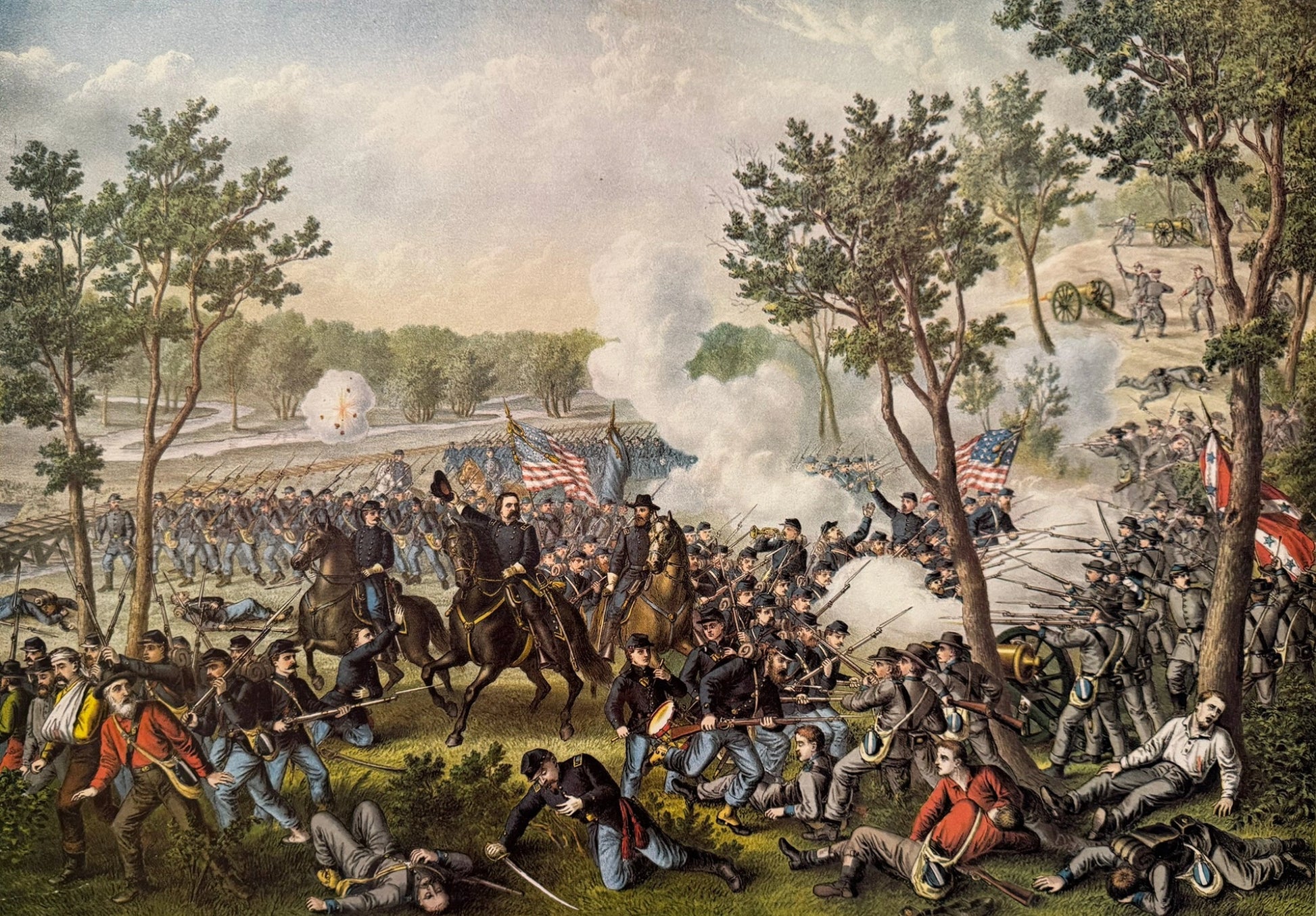 Historic chromolithograph of the Battle of Champion Hill showing Union and Confederate forces clashing on wooded hillsides with artillery smoke and advancing troops.