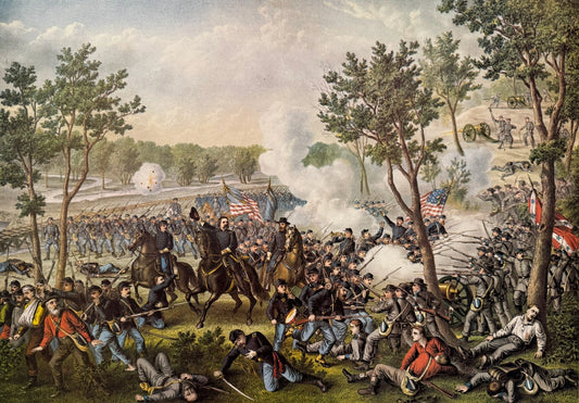 Historic chromolithograph of the Battle of Champion Hill showing Union and Confederate forces clashing on wooded hillsides with artillery smoke and advancing troops.