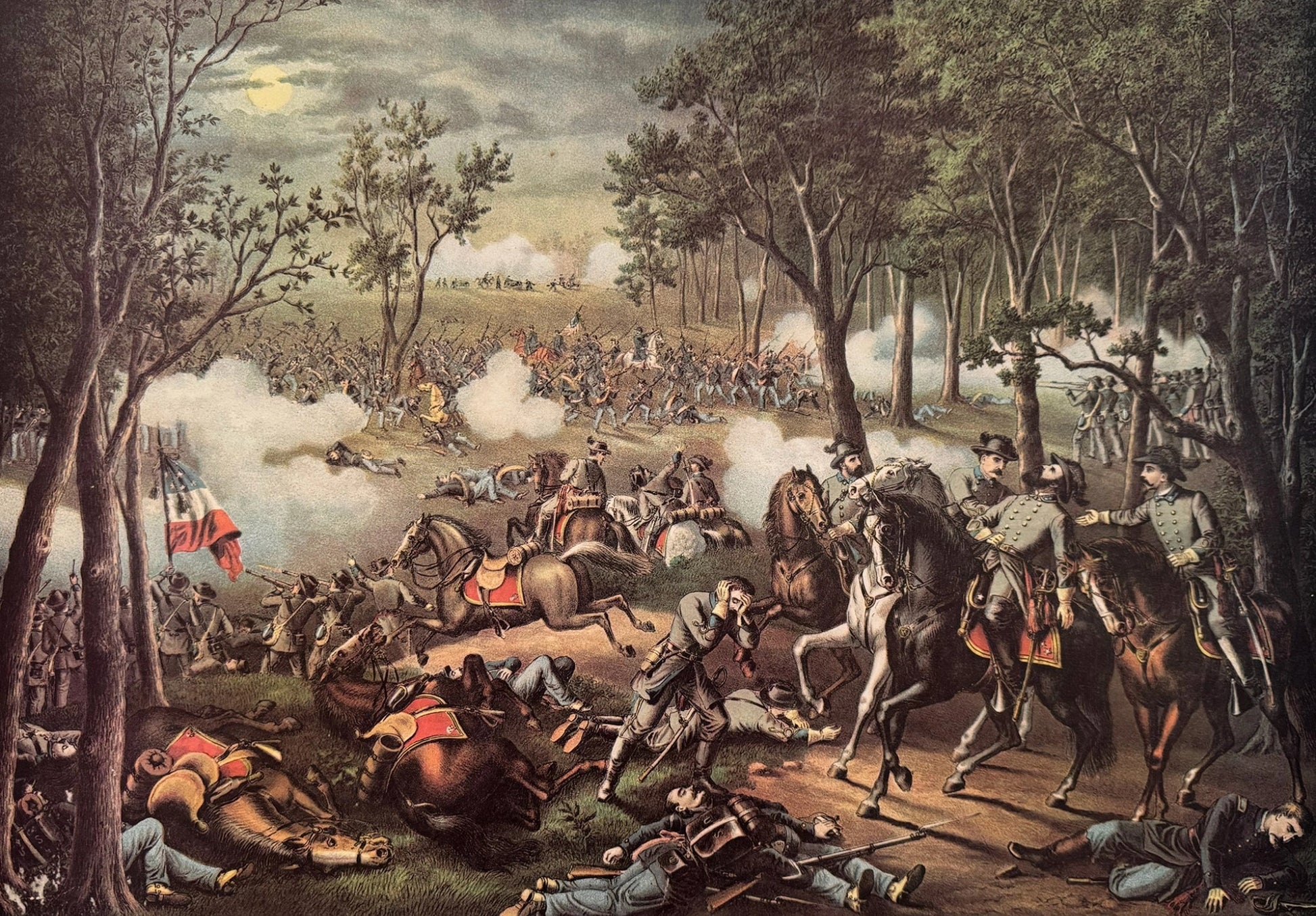19th-century Civil War lithograph of the Battle of Chancellorsville portraying cavalry officers directing troops amid dense forest fighting and fallen soldiers in the foreground.