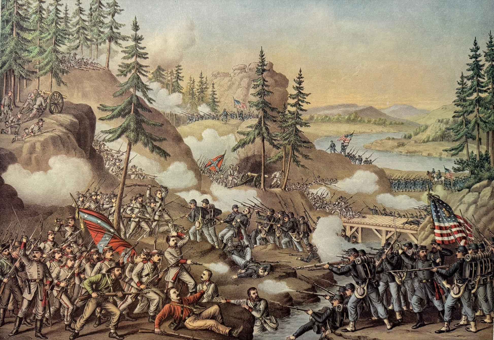 Civil War chromolithograph depicting the Battle of Chattanooga with Union forces advancing across open fields under artillery fire and Confederate lines positioned on elevated ground.