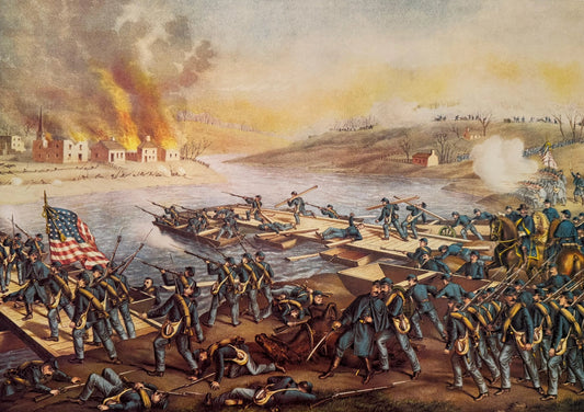 Kurz & Allison Civil War lithograph showing the Battle of Fredericksburg with Union troops crossing open terrain toward fortified Confederate positions amid cannon explosions and battlefield smoke.