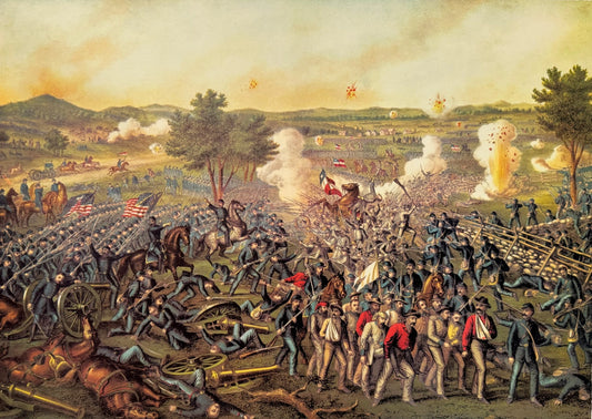 19th-century chromolithograph by Kurz & Allison depicting the Battle of Gettysburg with Union and Confederate forces engaged in intense combat, artillery fire, cavalry charges, and smoke-filled battlefield landscape.