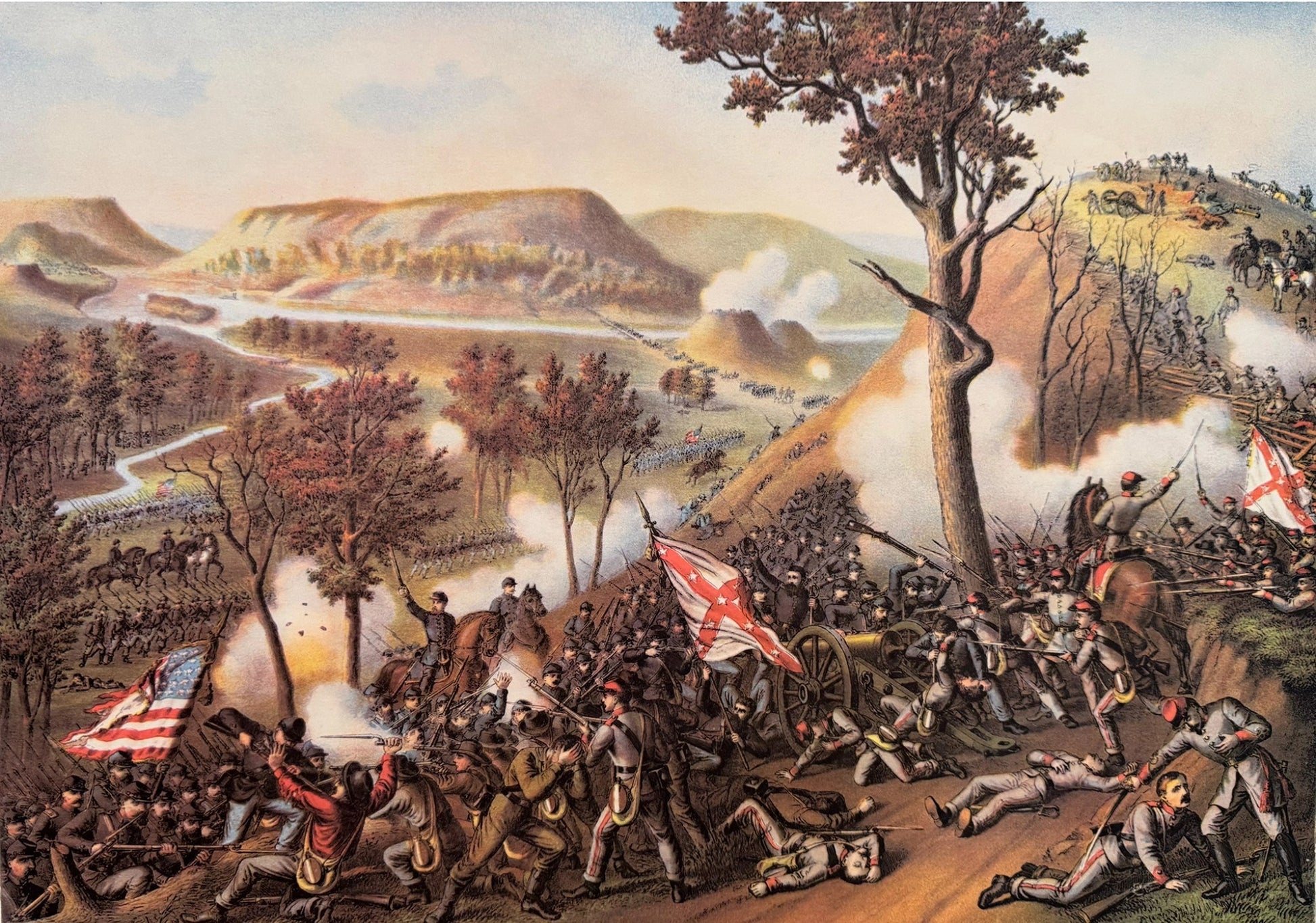 Historic Kurz & Allison Civil War chromolithograph showing Union troops storming Missionary Ridge, soldiers advancing uphill under heavy fire with flags raised and dramatic mountain terrain.