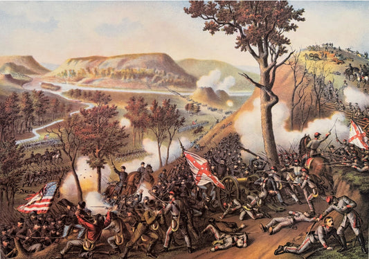 Historic Kurz & Allison Civil War chromolithograph showing Union troops storming Missionary Ridge, soldiers advancing uphill under heavy fire with flags raised and dramatic mountain terrain.