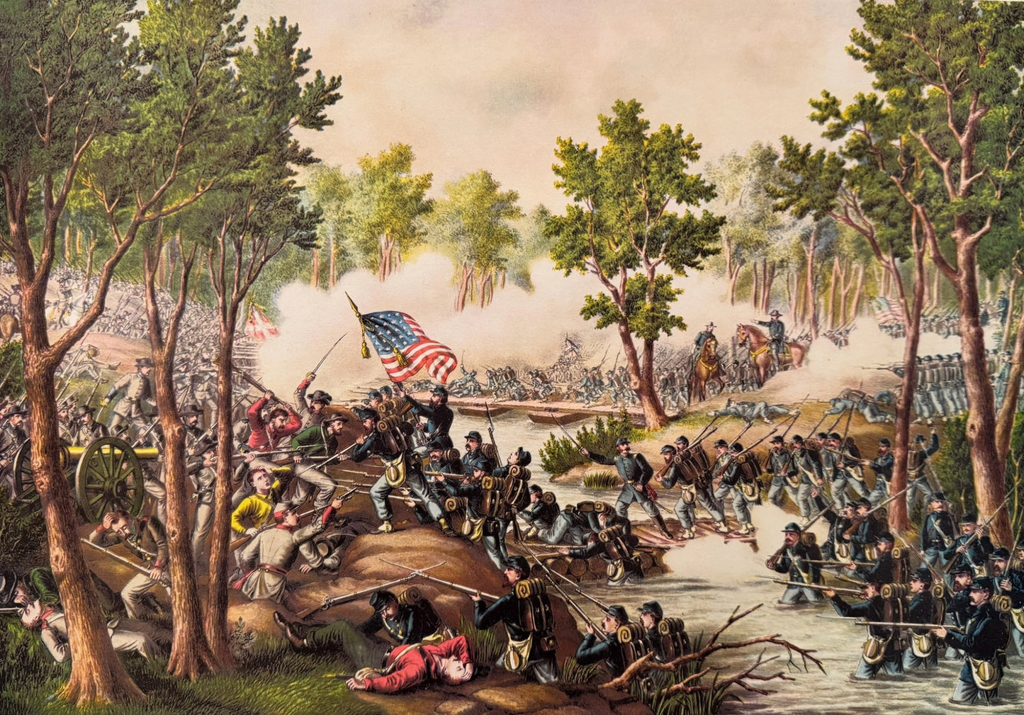 Detailed Civil War chromolithograph of the Battle of Spotsylvania featuring dense infantry formations fighting at close range in wooded terrain with cannon fire and battlefield smoke.