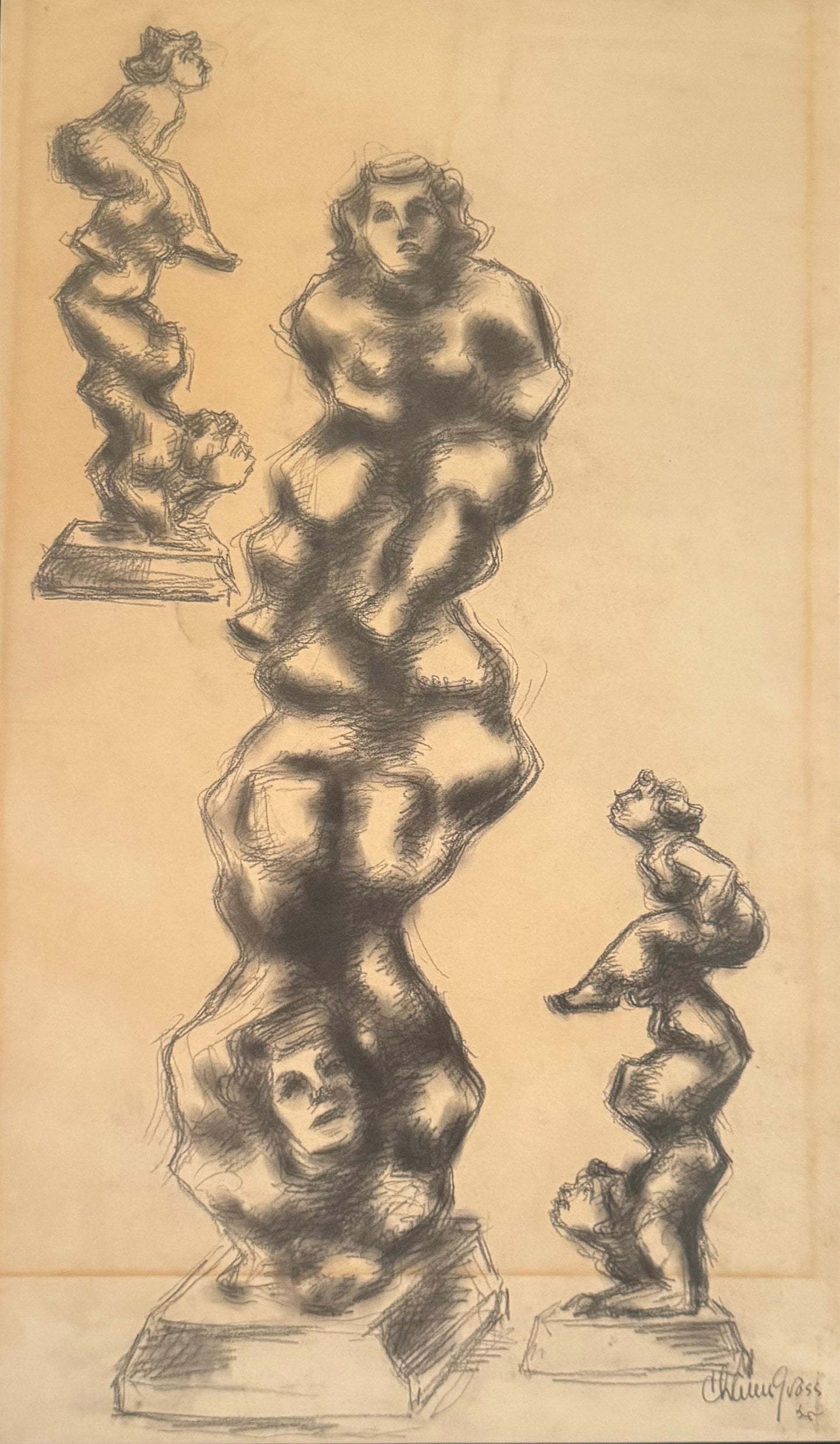 Chaim Gross - Charcoal Studies for Acrobatic Figures - Charcoal on paper - c. 1930s–1940s - VLAF Collection