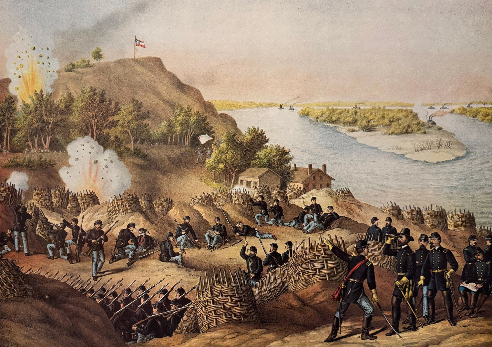 Kurz & Allison lithograph illustrating the Siege of Vicksburg with Union soldiers entrenched along the Mississippi River, artillery bombardment, and defensive earthworks overlooking water.