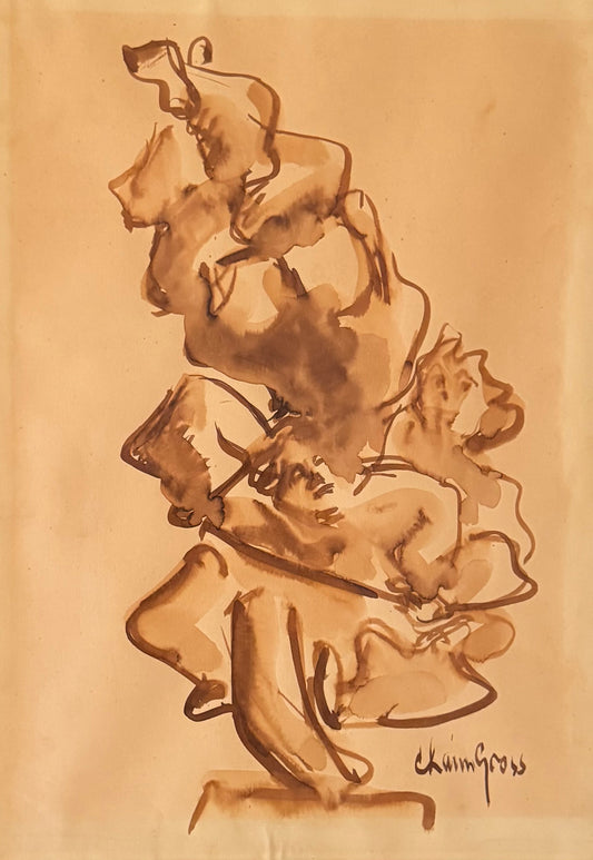 Chaim Gross - Acrobat Study (Stacked Figures) - Walnut-ink wash drawing on paper - c. 1940s - VLAF Collection